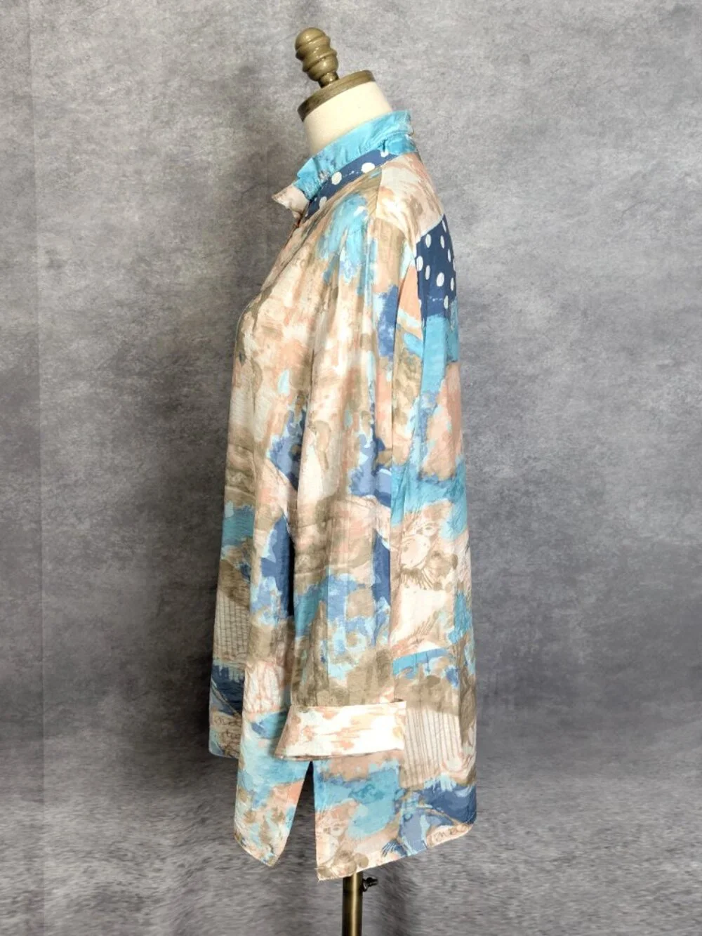 Multiples Wired Collar Tunic Size L Blue Abstract Button Front Shirt Artsy - Picture 5 of 7